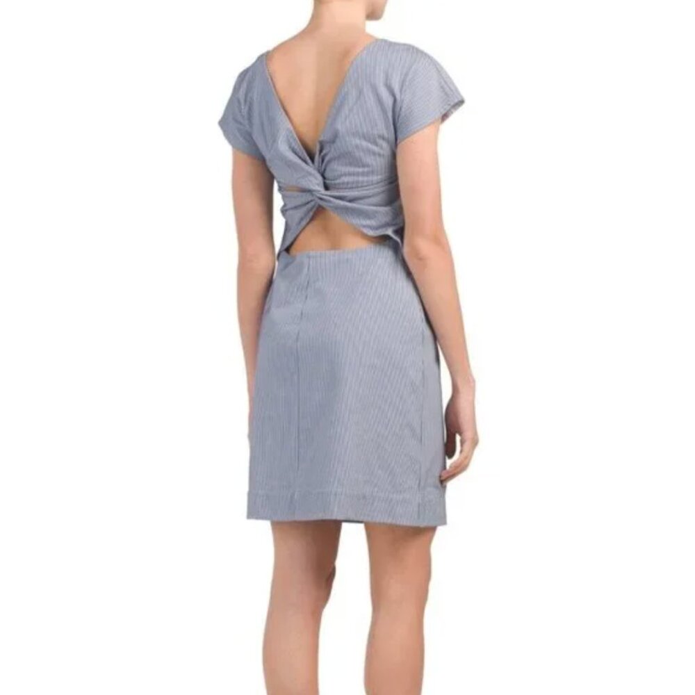 Theory Andrizza Blue White Striped Seersucker Twist Back Dress, sz 6